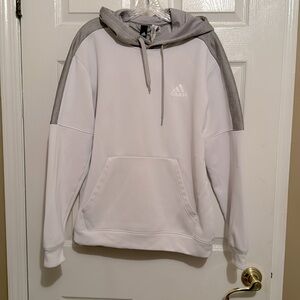Adidas men’s hoodie, size L, clean white with gray hood and gray shoulders